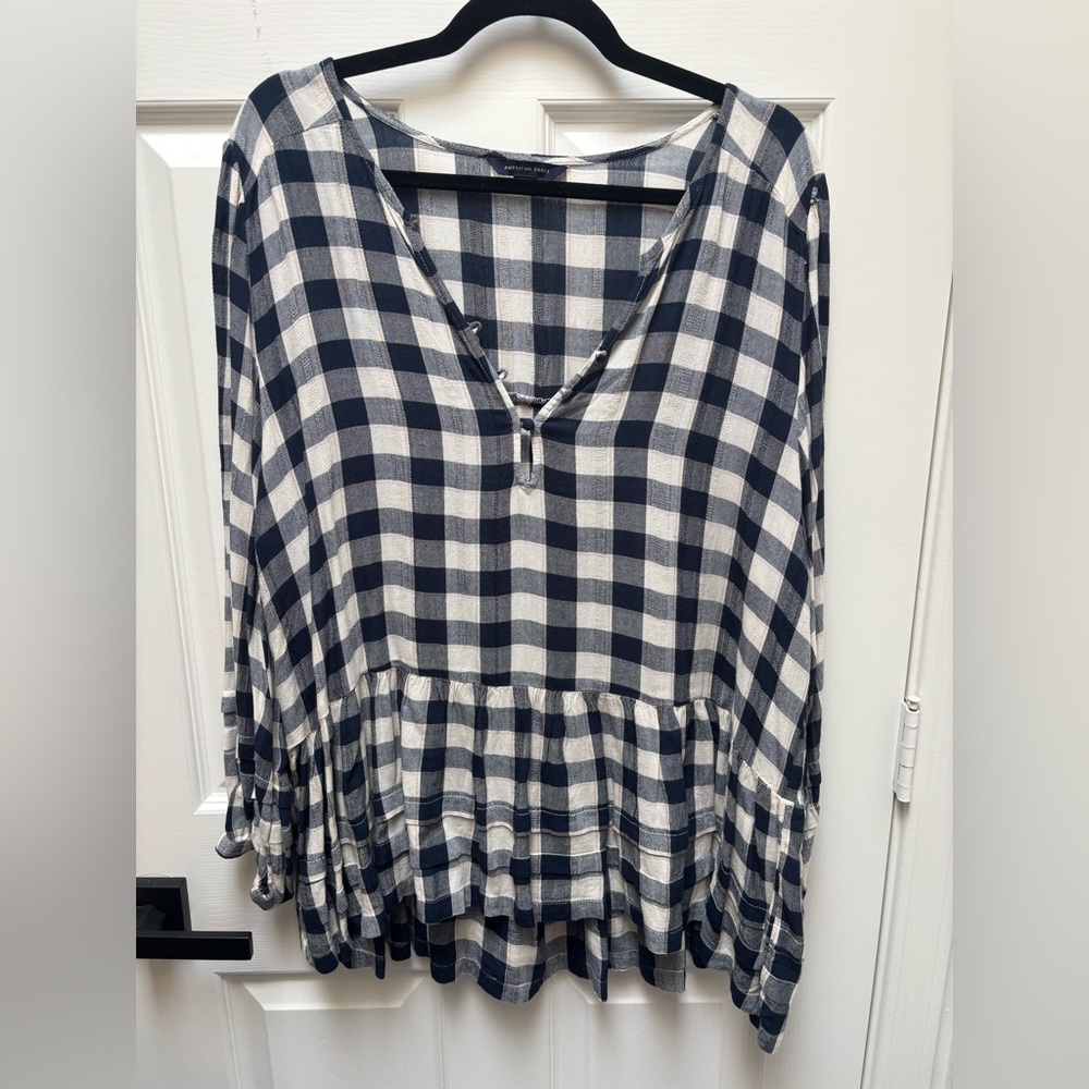 American Eagle Outfitters Navy and White Checkered Blouse